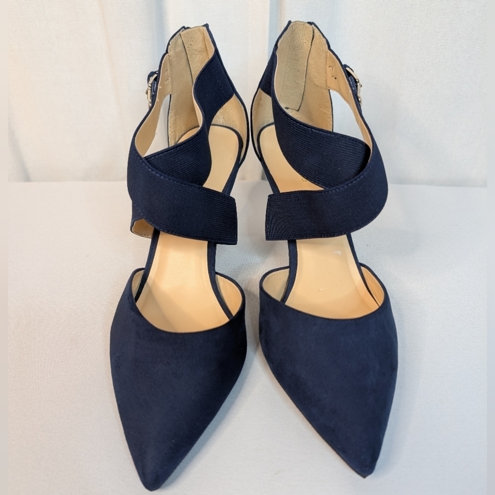 Liz Claiborne Keegan Navy Blue Suede Crossover Strap Stiletto Heels EUC - Picture 10 of 10